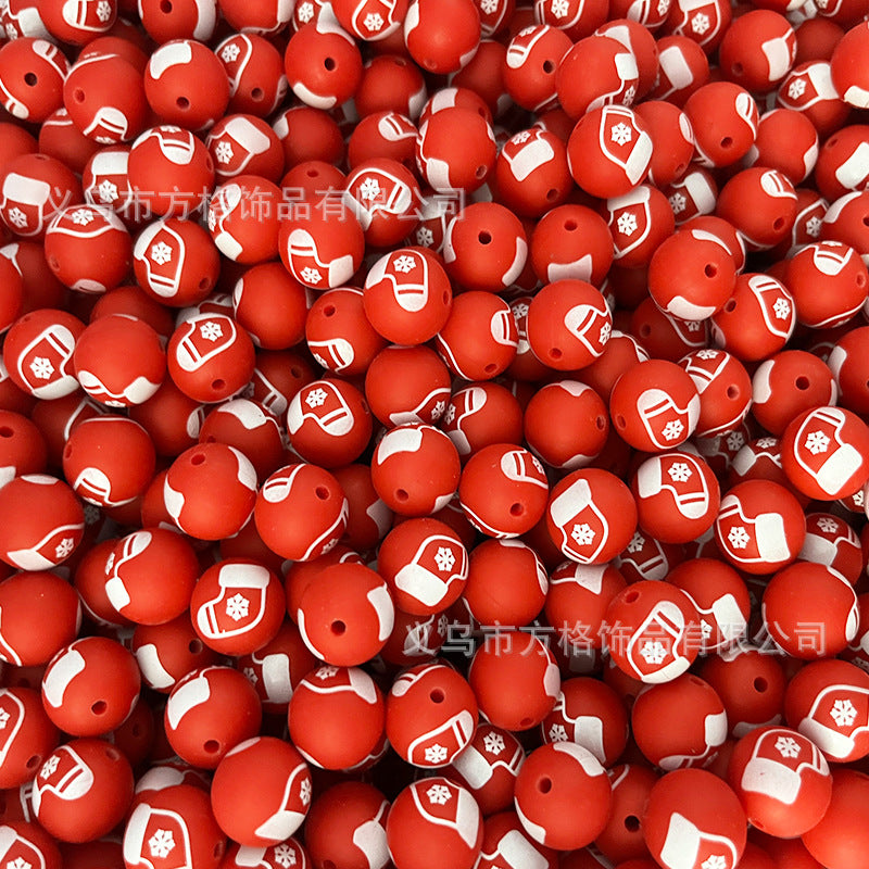 Wholesale 50pcs DIY Christmas Snowman Christmas Tree Printing 15mm Silicone Beads
